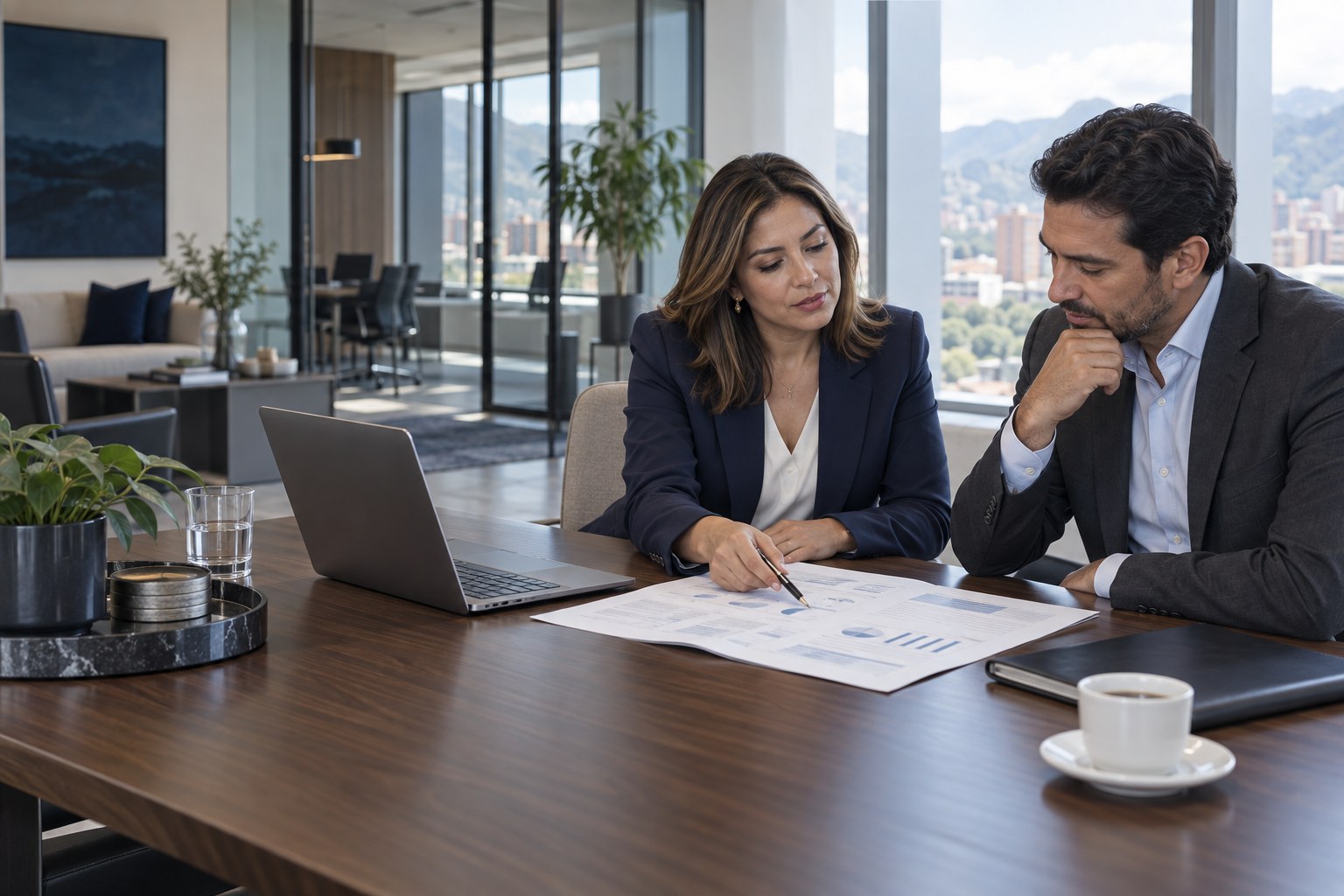 Escena ilustrativa de una reunión de consultoría financiera